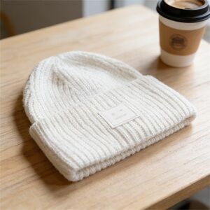 Acne Cream Ribbed Knit Beanie